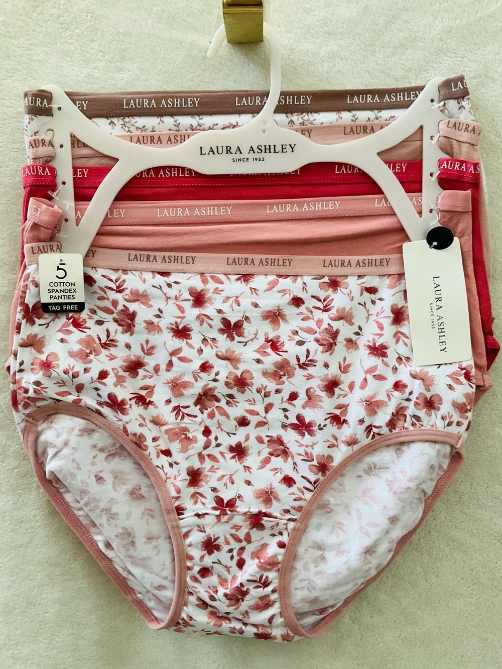 NWT LAURA ASHLEY 5pc Set Cotton Floral & Solid Brief Panty - Pink Rose Red Brown